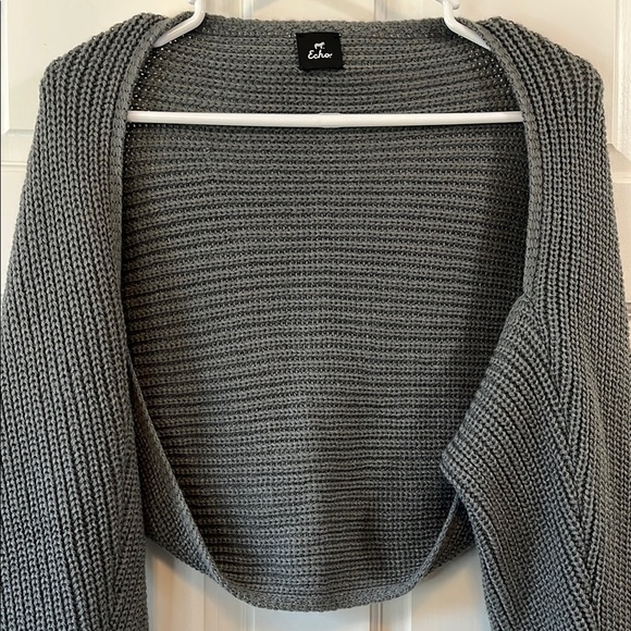 Echo Gray Chunky Knit Open Front Bolero Shrug with Long Sleeves - One Size - Picture 3 of 12